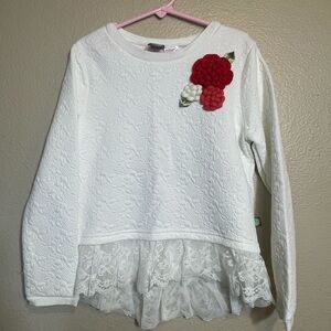 Dollie & me White Lace Hem Kids Top with Red Flower Accent